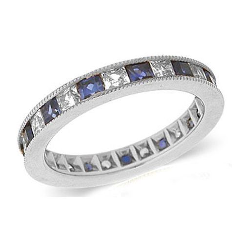 14K Channel Set 1.40ct Princess Diamond & Sapphire Milgrain Eternity Band