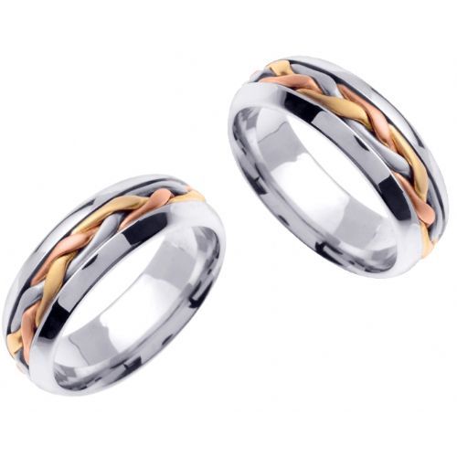 18K Gold 7mm Handmade Tri-Color Braid His and Hers Wedding Bands Set 1