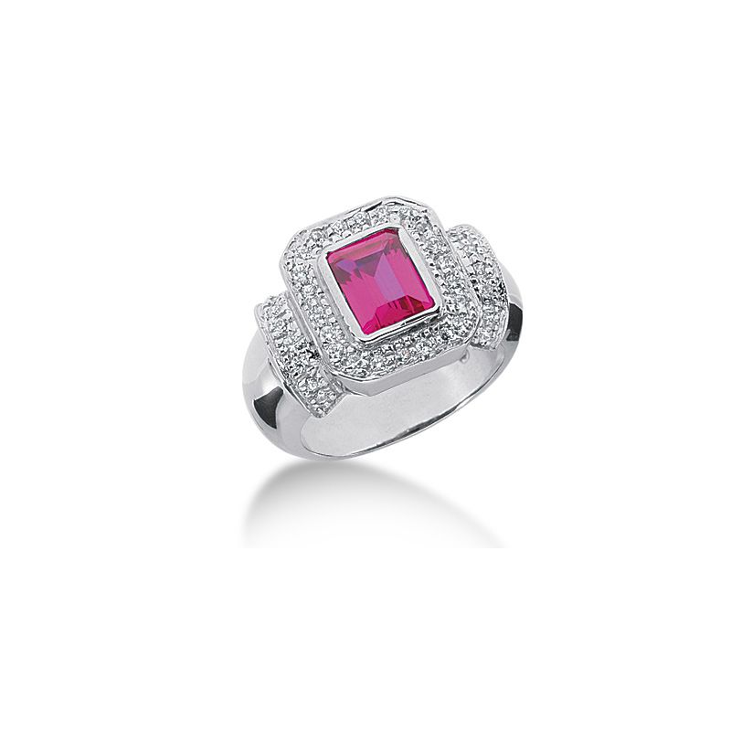 14K Emerald Cut Ruby, Surrounded by Round Brilliant Diamonds 0.19ctw