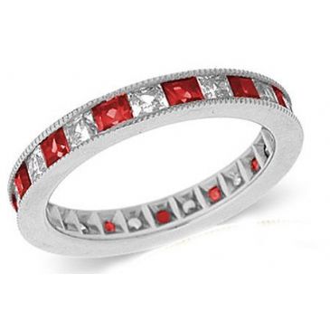 14k Channel Set 1.40ct Princess Diamond & Ruby Milgrain Eternity Band