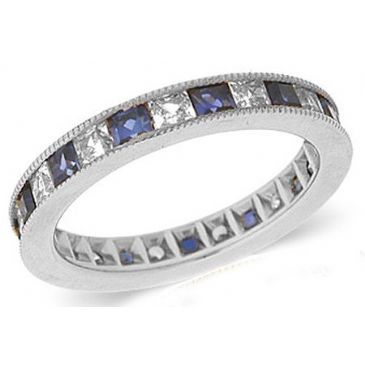 14k Channel Set 1.40ct Princess Diamond & Sapphire Milgrain Eternity Band