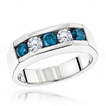 14K Gold & 1 Carat White & Blue Diamond 5 Stone Ring for Men