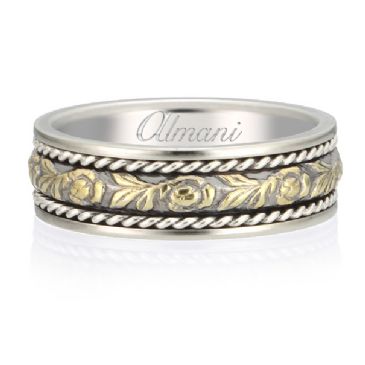 18K Gold 6.5mm Two Tone Almani Antique Wedding Band Flower Vine Design