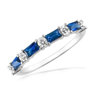 18K Gold Diamond Anniversary Wedding Ring 4 Blue Baguette Sapphires and 5 Round Brilliant 0.57ctw