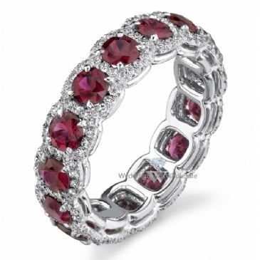 18k Gold Prong and Pave Set 4.22ctw. Round Diamond & Ruby Eternity Band DEB78518K