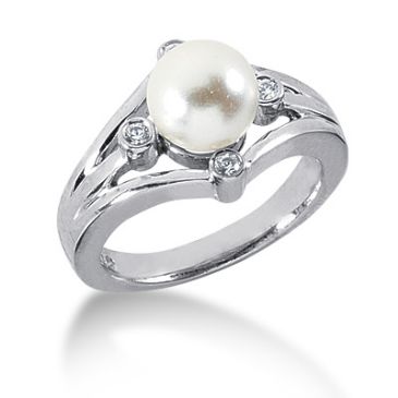 18K Compass Round Brilliant, Pearl Centered Diamond Anniversary Ring (0.10ctw.)