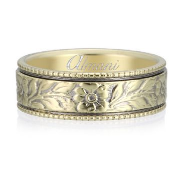 18K Yellow Gold 6.5mm Almani Antique Wedding Band Leaf Petal Design