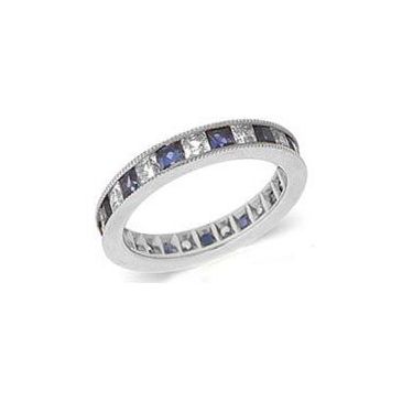 18k Channel Set 1.40ct Princess Diamond & Sapphire Milgrain Eternity Band