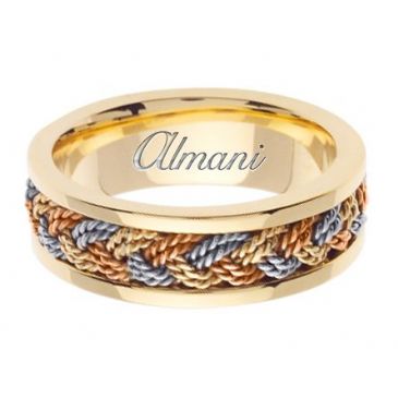 18K Gold 7mm Handmade Tri-Color Wedding Ring 073 Almani