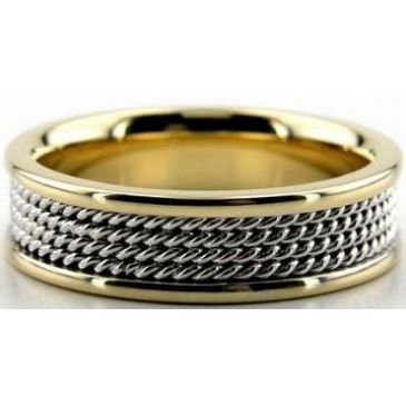 14k Gold Two Tone 6.5mm Handmade Wedding Band Rope Design 023