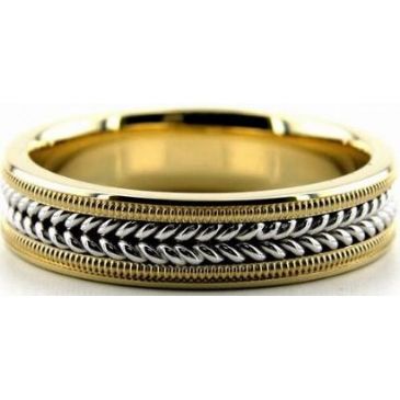 14k Gold Two Tone 6mm Handmade Wedding Band Milgrain and Rope Design 035