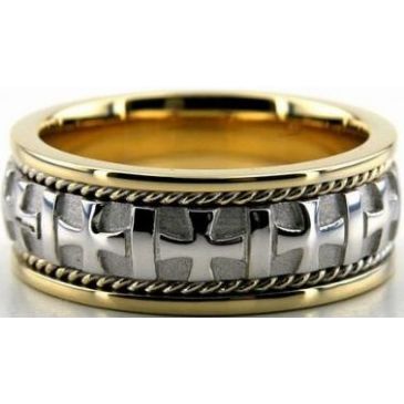 14k Gold Two Tone 8mm Handmade Wedding Band Cross Design 036