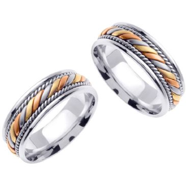 14K Gold 7mm Handmade Tri-Color His and Hers Wedding Bands Set 168