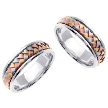 14k Gold 7mm Handmade Tri-Color His and Hers Wedding Bands Set 169