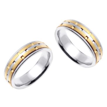 14k Gold 6.5mm Handmade Two Tone Diamond Cut Brick Pattern Wedding Bands Set 174