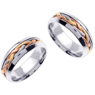 14K Gold 7mm Handmade Tri-Color Braid His and Hers Wedding Bands Set 184