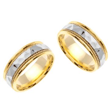 14k Gold 7.5mm Handmade Two Tone Hammered His and Hers Wedding Bands Set 186