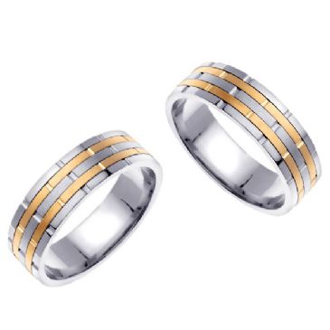 950 Platinum and 18k Gold 6.5mm Handmade Diamond Cut His and Hers Two Tone Wedding Rings Set 190