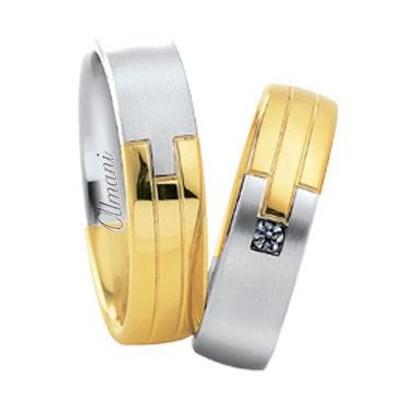 14k Two-Tone Yellow & White Gold Jigsaw 6mm His & Hers 0.03ctw Diamond Wedding Band Set 267