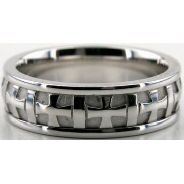 18k White Gold 6.5mm Handmade Wedding Band Cross Design 037