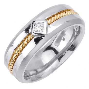 14k Gold Princess Cut Bezel Set 7.5mm Shiny Two Tone Diamond Band 0.10ctw 1255