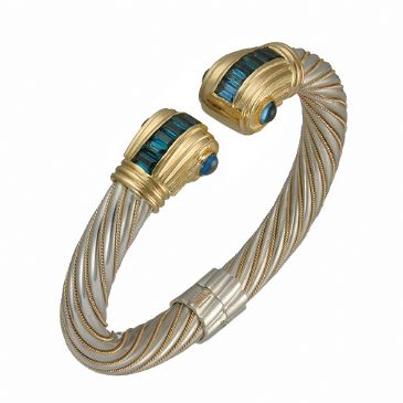 14K Two Tone Roman Almani Vintage Design Handmade Bangle Set With Blue Topaz Stones