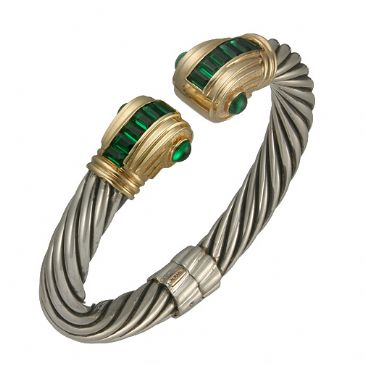 18K Two Tone Almani Roman Vintage Design Handmade Bangle Set With Emerald Stones