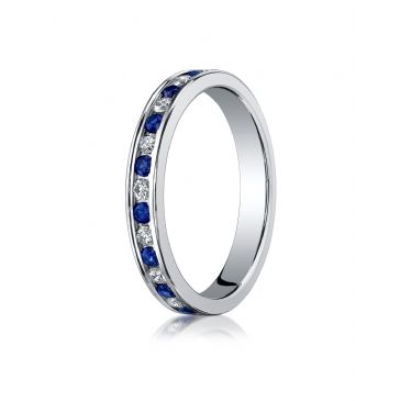 18K White Gold 3mm Channel Set  Diamond&Blue Sapphire Eternity Ring