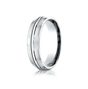 14k White Gold 6mm Comfort-Fit Satin-Finished with High Polished Center Carved Design Band