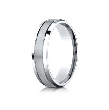 10k White Gold 6mm Comfort-Fit Satin-Finished High Polished Beveled Edge Carved Design Band