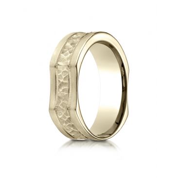 14k Yellow Gold 7mm Ergonomic Comfort-Fit Hammered Finish with High Polish Edge Design Band