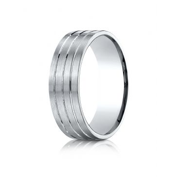 18k White Gold 7mm Comfort-Fit Satin-Finished with Parallel Center Cuts Carved Design Band