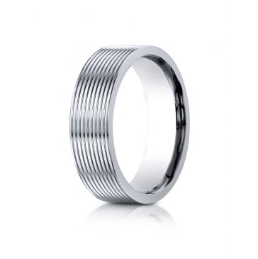 14k White Gold 7mm Comfort-Fit Satin-Finished with Threaded Pattern Carved Design Band