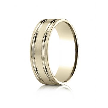 10k Yellow Gold 7mm Comfort-Fit SatinFinished with Parallel Grooves Carved Design Band