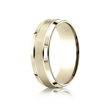 10k Yellow Gold 7mm Comfort-Fit Satin-Finished High Polished Beveled Edge Carved Design Band