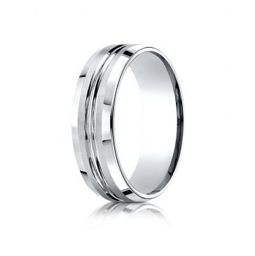 18k White Gold 7mm Comfort-Fit Satin-Finished with High Polished Cut Carved Design Band