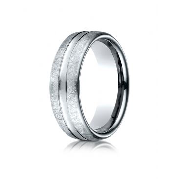 18k White Gold 7.5 mm Comfort Fit Swirled Finish Center Convex Cut Design Band