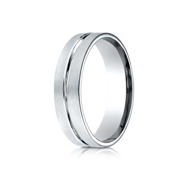 10k White Gold 6mm Comfort-Fit Satin-Finished with High Polished Center Cut Carved Design Band