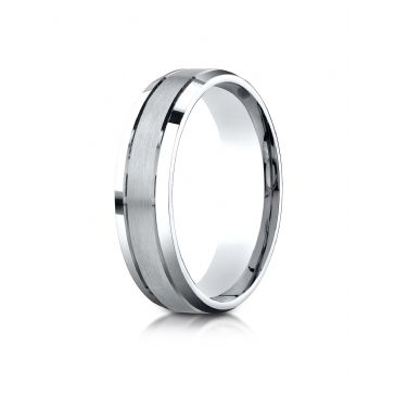 18k White Gold 6mm Comfort-Fit Satin-Finished High Polished Beveled Edge Carved Design Band