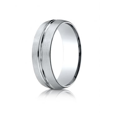 10k White Gold7mm ComfortFit Satin-Finished with High Polished Center Cut Carved Design Band