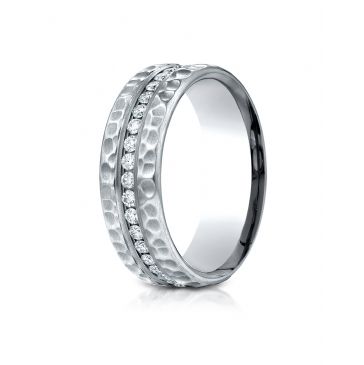 14k White Gold 7.5 mm Hammered Finish Channel Set  Diamond Ring