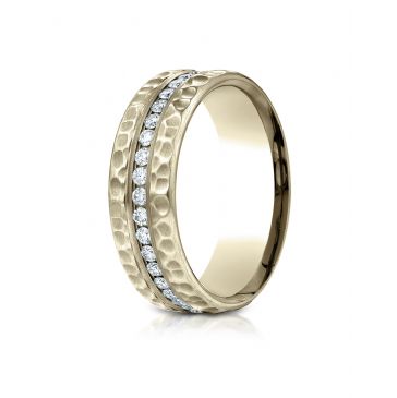 18k Yellow Gold 7.5 mm Hammered Finish Channnel Set  Diamond Ring