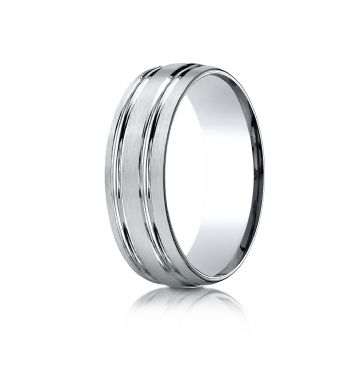 10k White Gold 7mm ComfortFit Satin-Finished with Parallel Grooves Carved Design Band