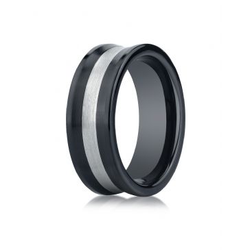 Ceramic 8mm Comfort-Fit Satin-Finished Concave Silver Inlay Design Ring