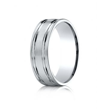 18k White Gold 7mm Comfort-Fit Satin-Finished with Parallel Grooves Carved Design Band