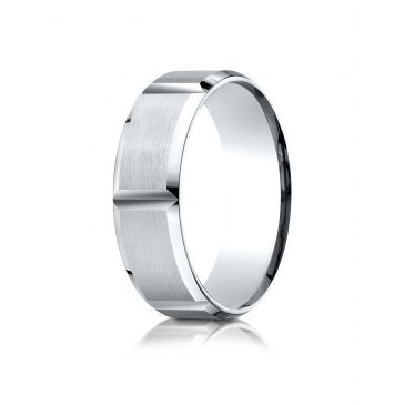 10k White Gold 7mm Comfort-Fit Satin-Finished Grooves Carved Design Band