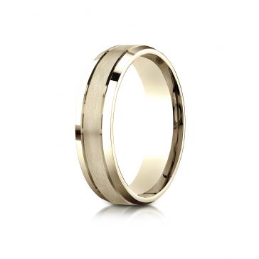 18k Yellow Gold 6mm Comfort-Fit Satin-Finished High Polished Beveled Edge Carved Design Band