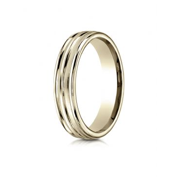 14k Yellow Gold 4mm Comfort-Fit Satin-Finished High Polished Center Trim and Round Edge Carved Design Band