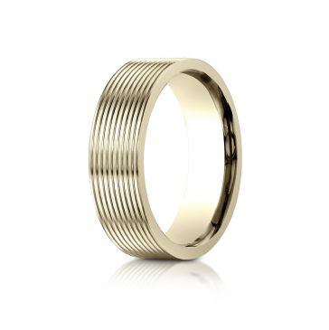 14k Yellow Gold 7mm Comfort-Fit Satin-Finished with Threaded Pattern Carved Design Band