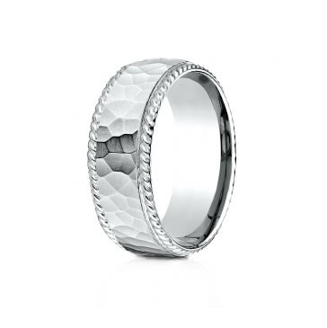 10k White Gold 8mm Comfort-Fit Rope Edge Hammered Finish Design Band